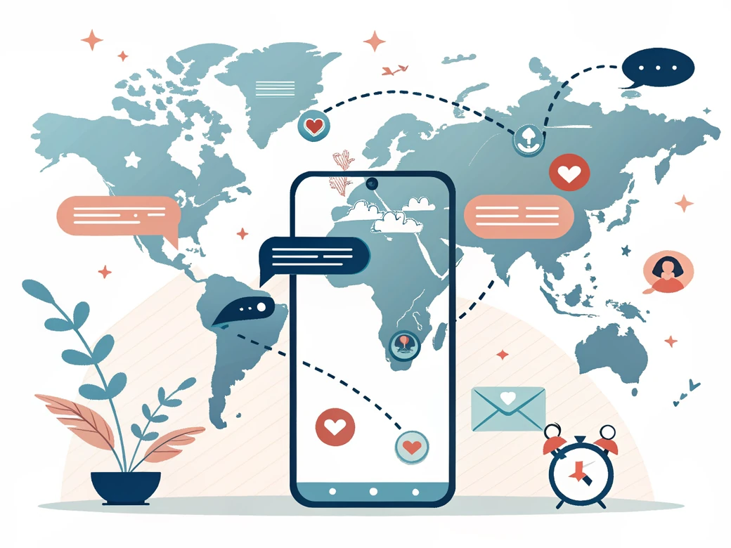 A phone broadcasting text messages across a world map to recipients worldwide